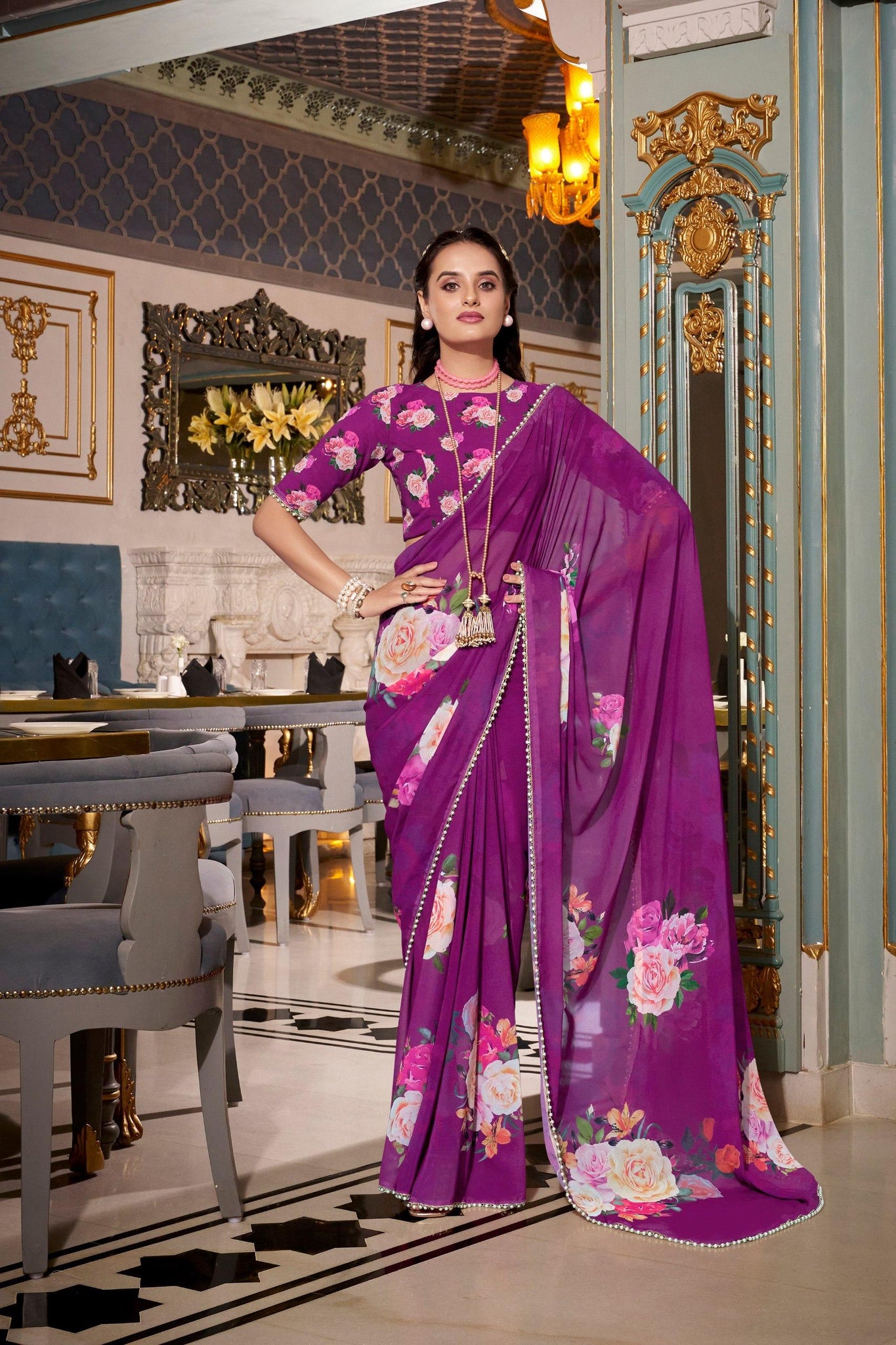 Georgette Saree With Printed work UnStitched Blouse