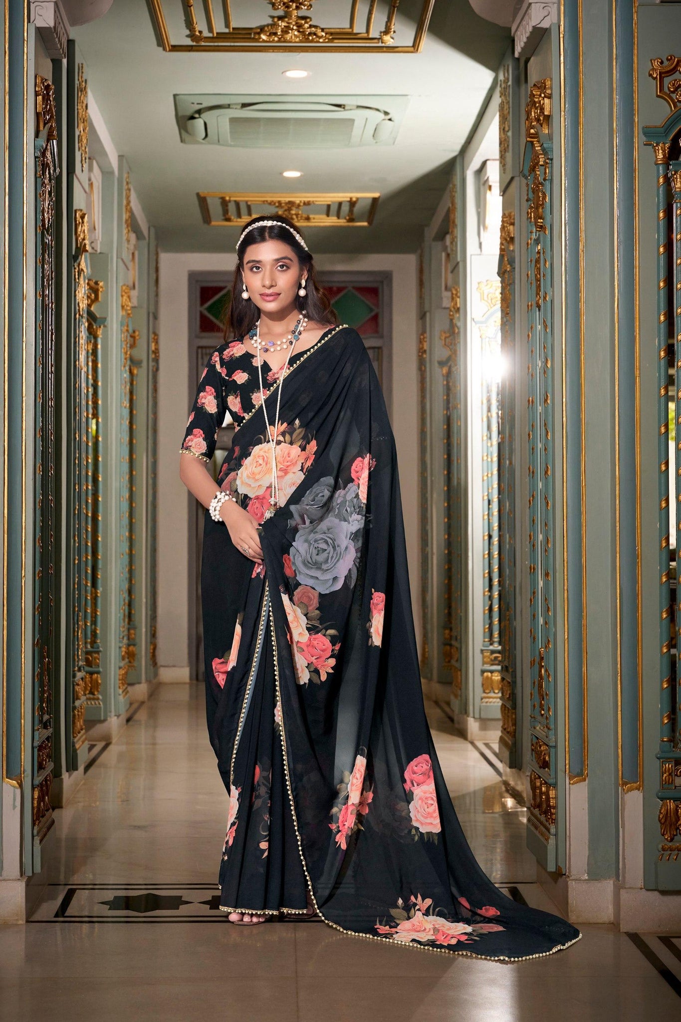 Georgette Saree With Printed work UnStitched Blouse