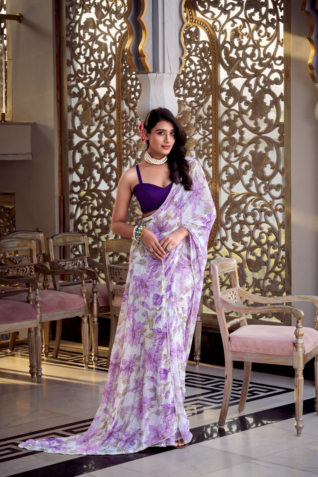 Pure Look Weightless Marbal saree with Print Work on all over the saree