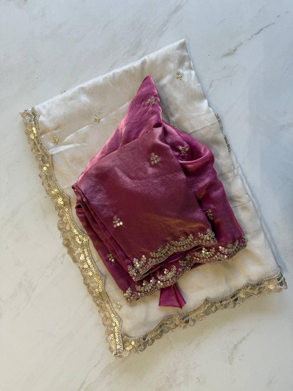 Tissue Silk saree with embroidery Sequence and Thred Work on all over the saree