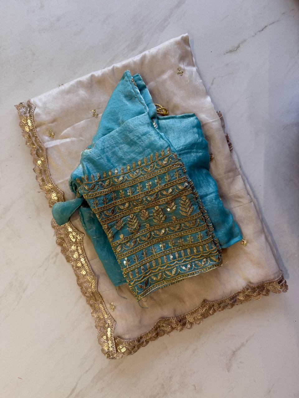 Tissue Silk saree with embroidery Sequence and Thred Work on all over the saree