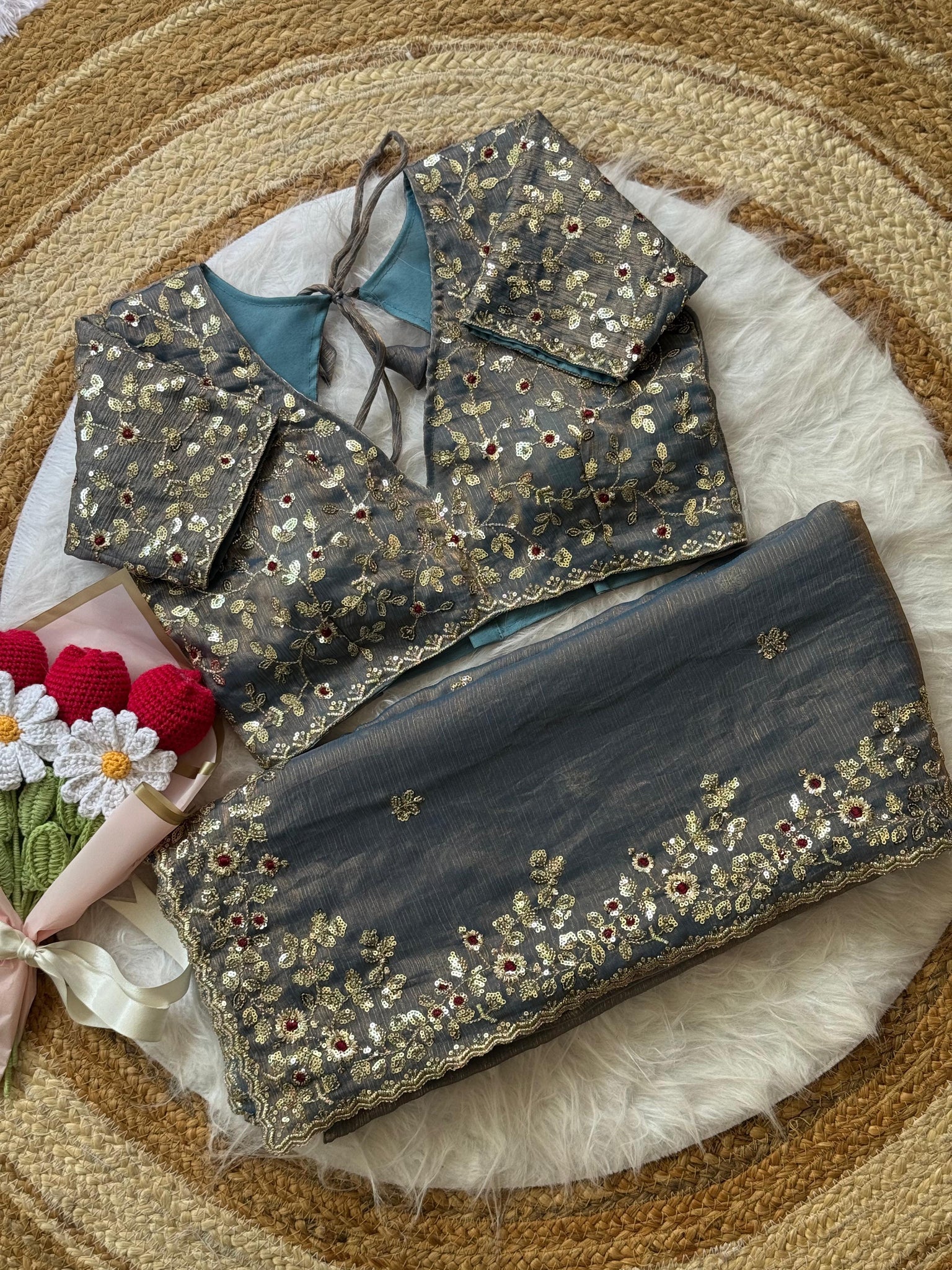 Soft Fendy Chiffon saree with Embroidery Sequins And Thread Work saree