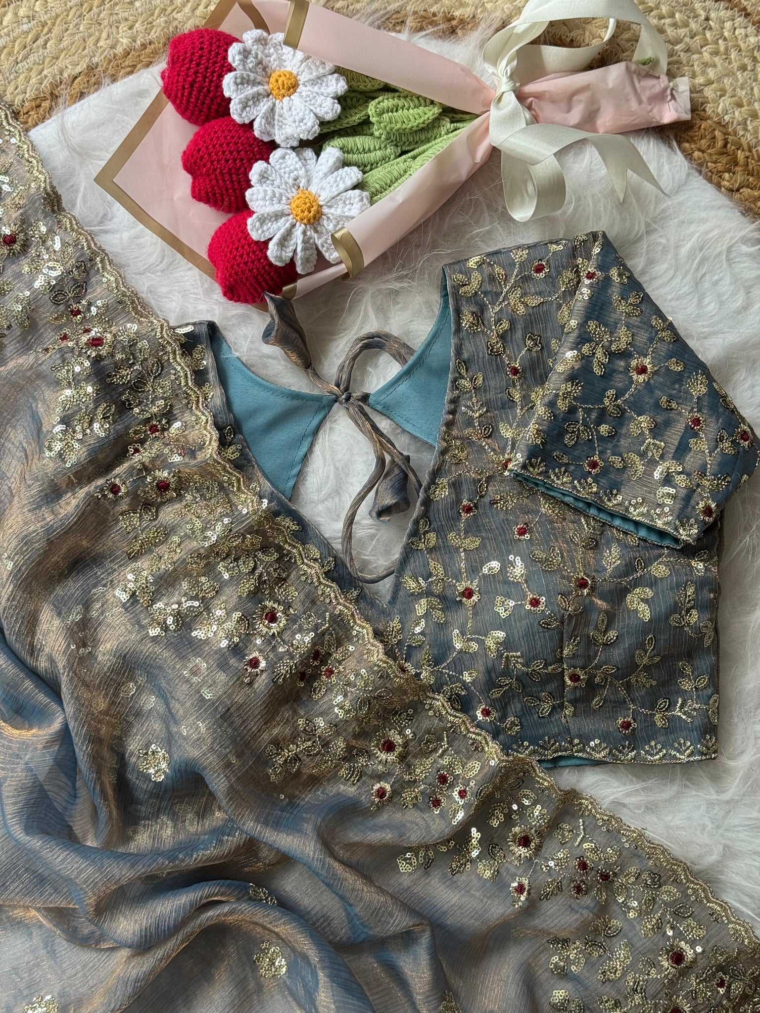 Soft Fendy Chiffon saree with Embroidery Sequins And Thread Work saree