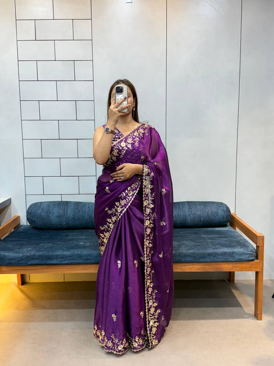 FENDY CHIFRRON WITH HEAVY EMBROIDERY WITH SEQUENCE WORK THE SAREE