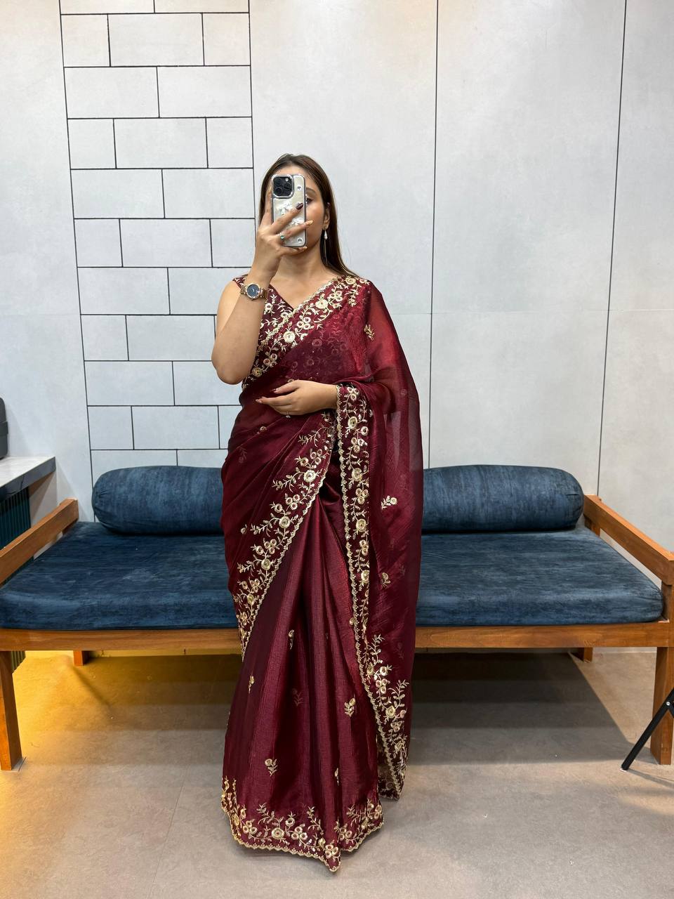 FENDY CHIFRRON WITH HEAVY EMBROIDERY WITH SEQUENCE WORK THE SAREE