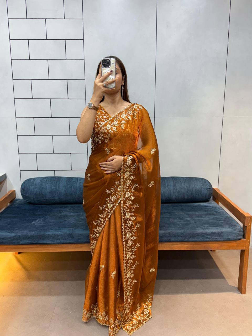 FENDY CHIFRRON WITH HEAVY EMBROIDERY WITH SEQUENCE WORK THE SAREE