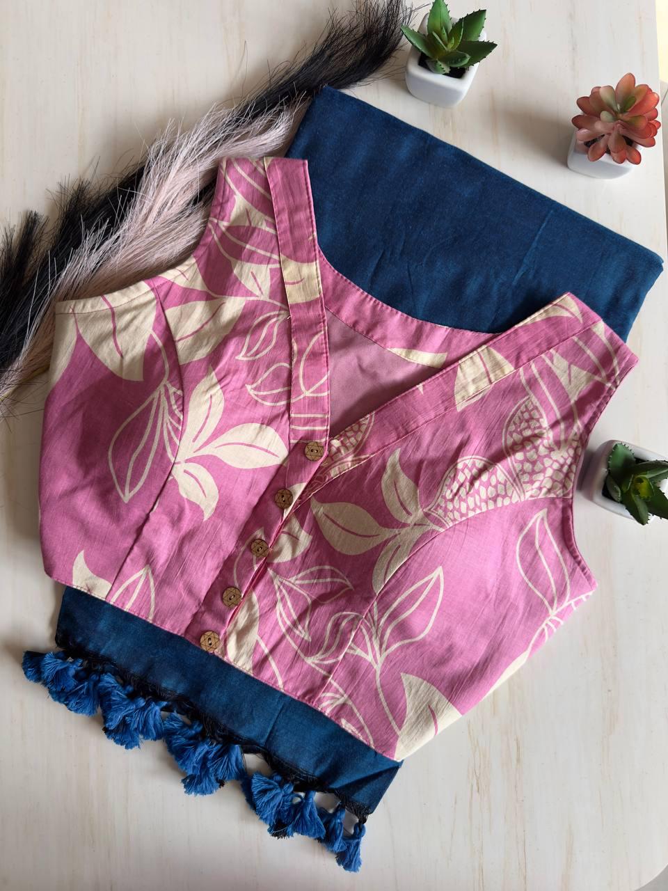 Colourful Blue Handloom Pure Saree With Designer Stitched Blouse