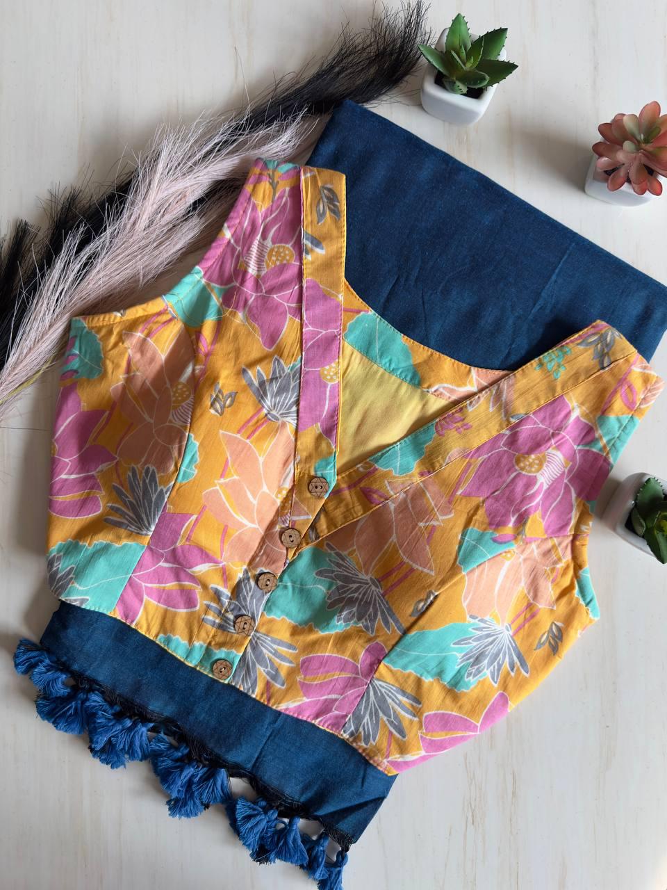 Colourful Blue Handloom Pure Saree With Designer Stitched Blouse