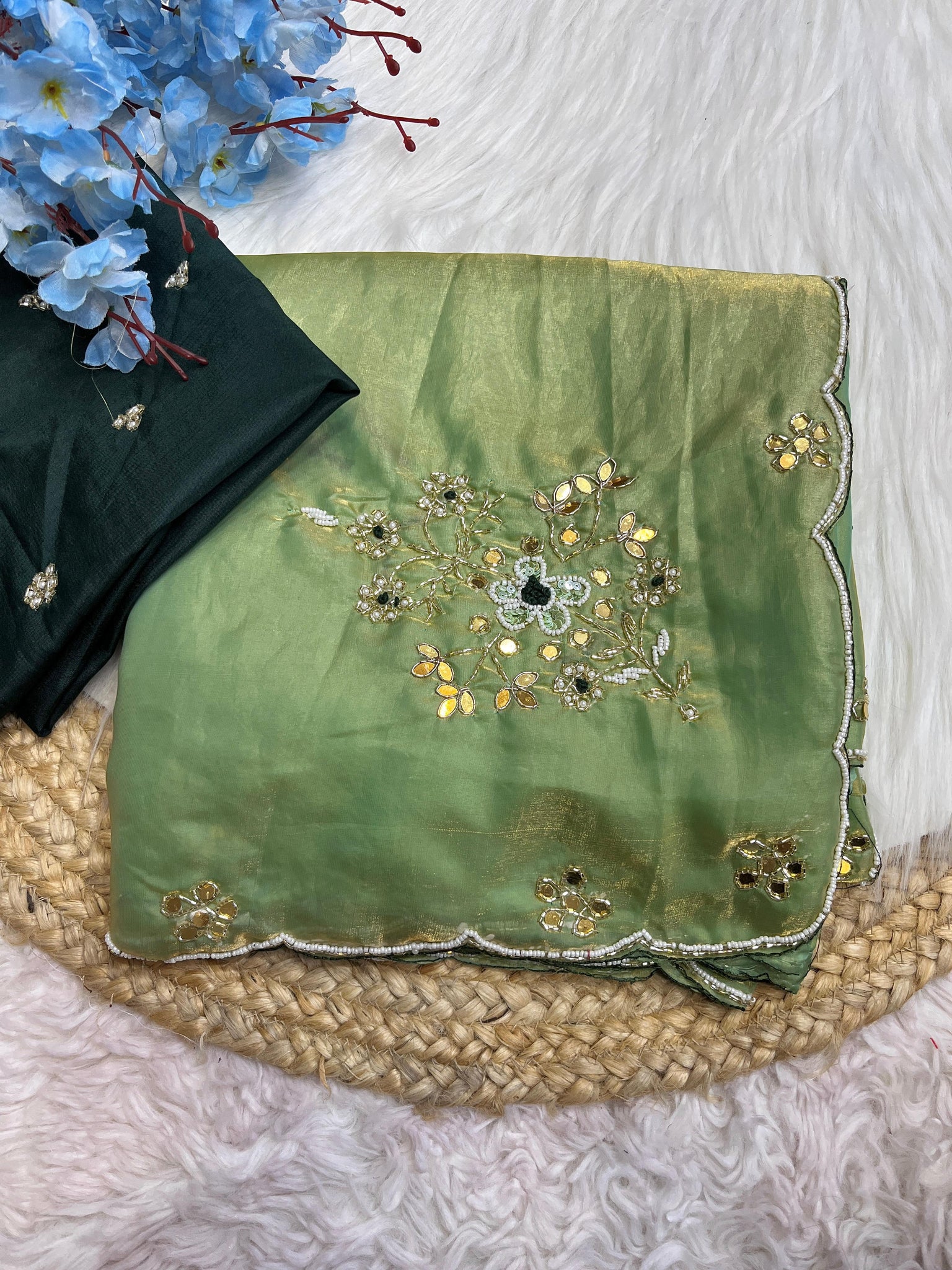 Handwork Fandi Satin Saree With Designer Cutowork Moti Blouse