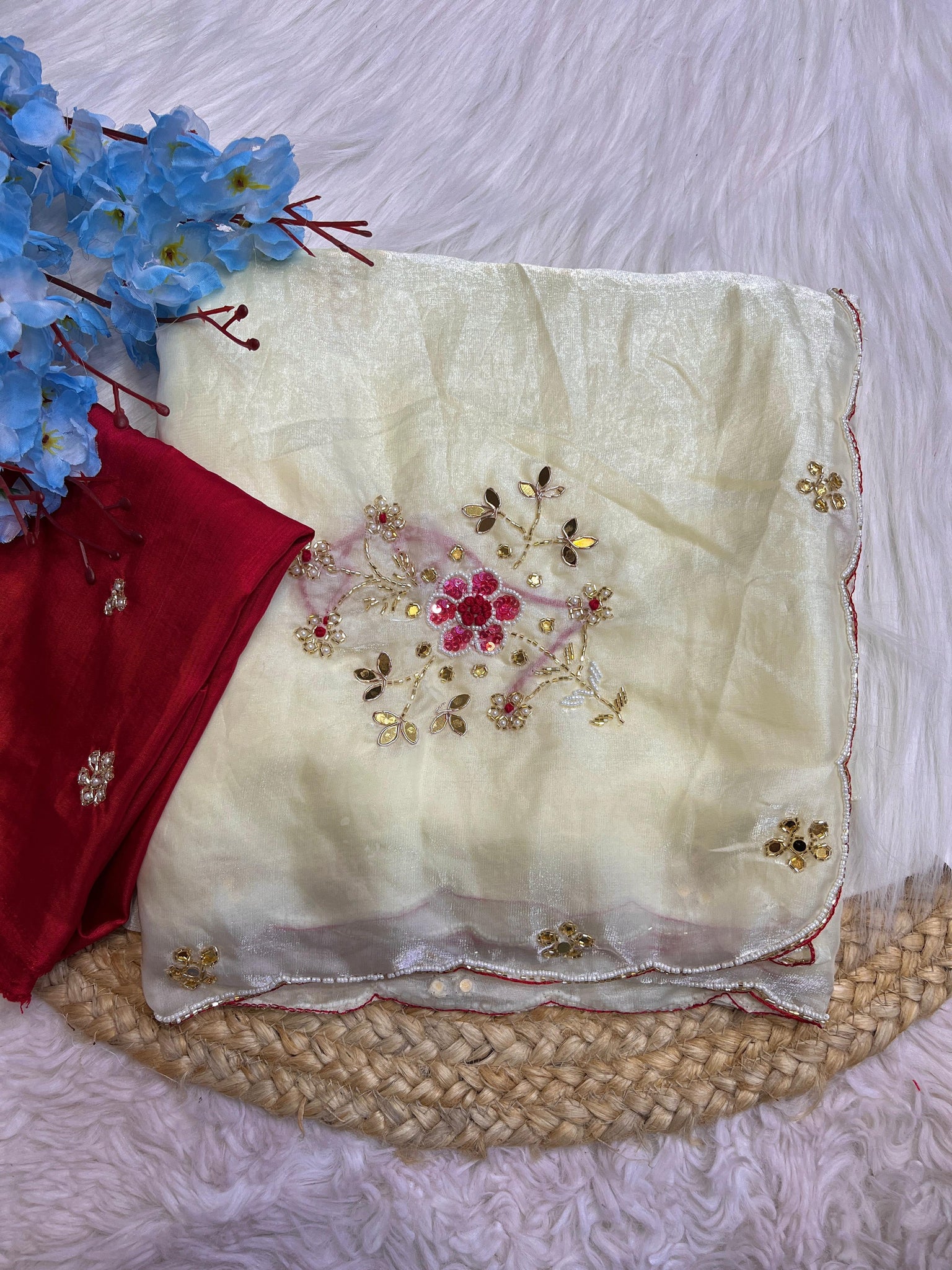 Handwork Fandi Satin Saree With Designer Cutowork Moti Blouse