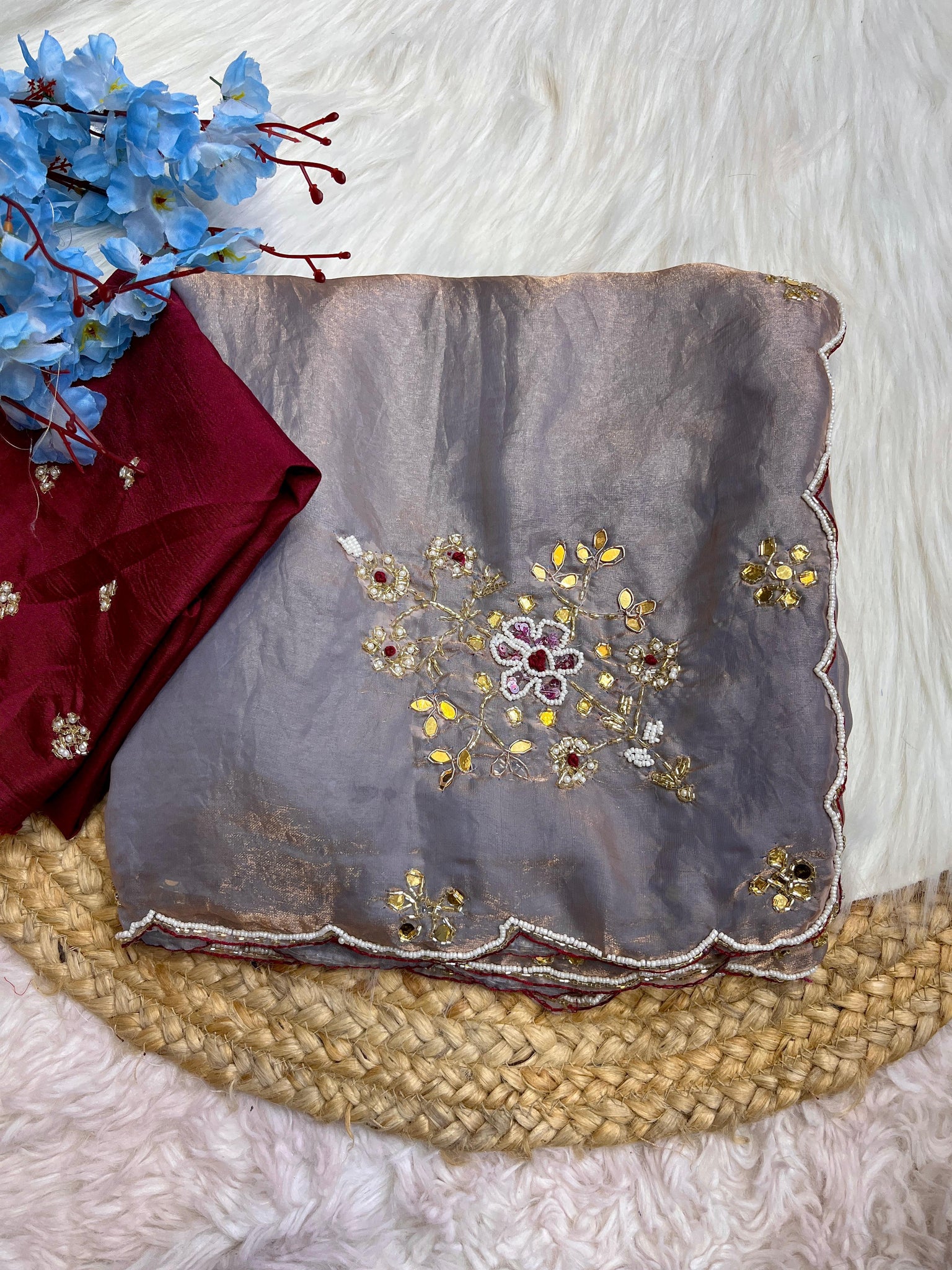 Handwork Fandi Satin Saree With Designer Cutowork Moti Blouse