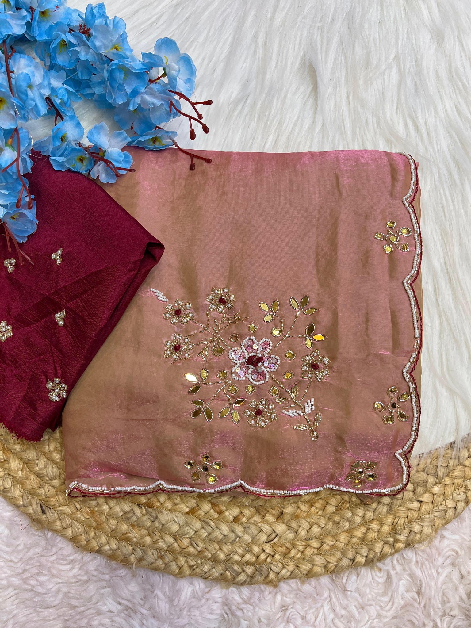 Handwork Fandi Satin Saree With Designer Cutowork Moti Blouse