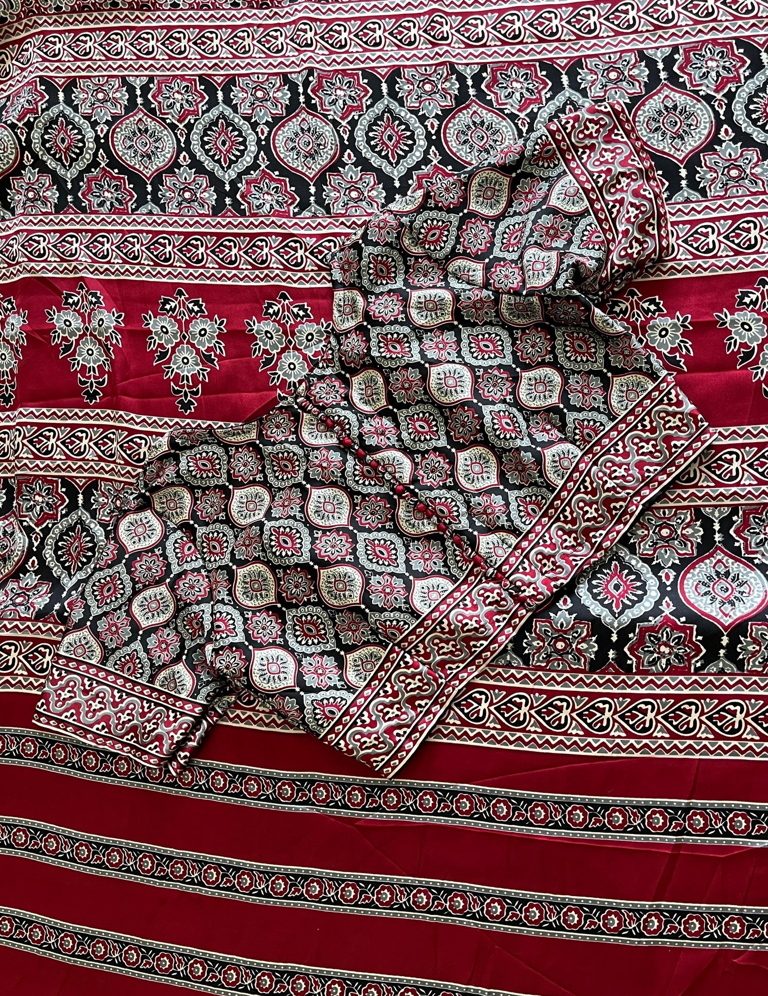 Most Popular & Demanding Premium Satin Ajrakh Work Saree