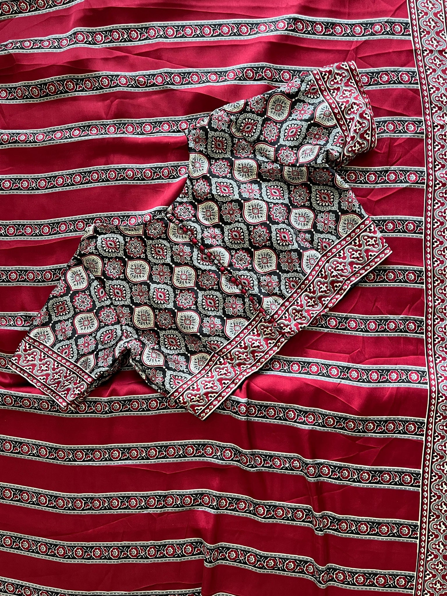 Most Popular & Demanding Premium Satin Ajrakh Work Saree