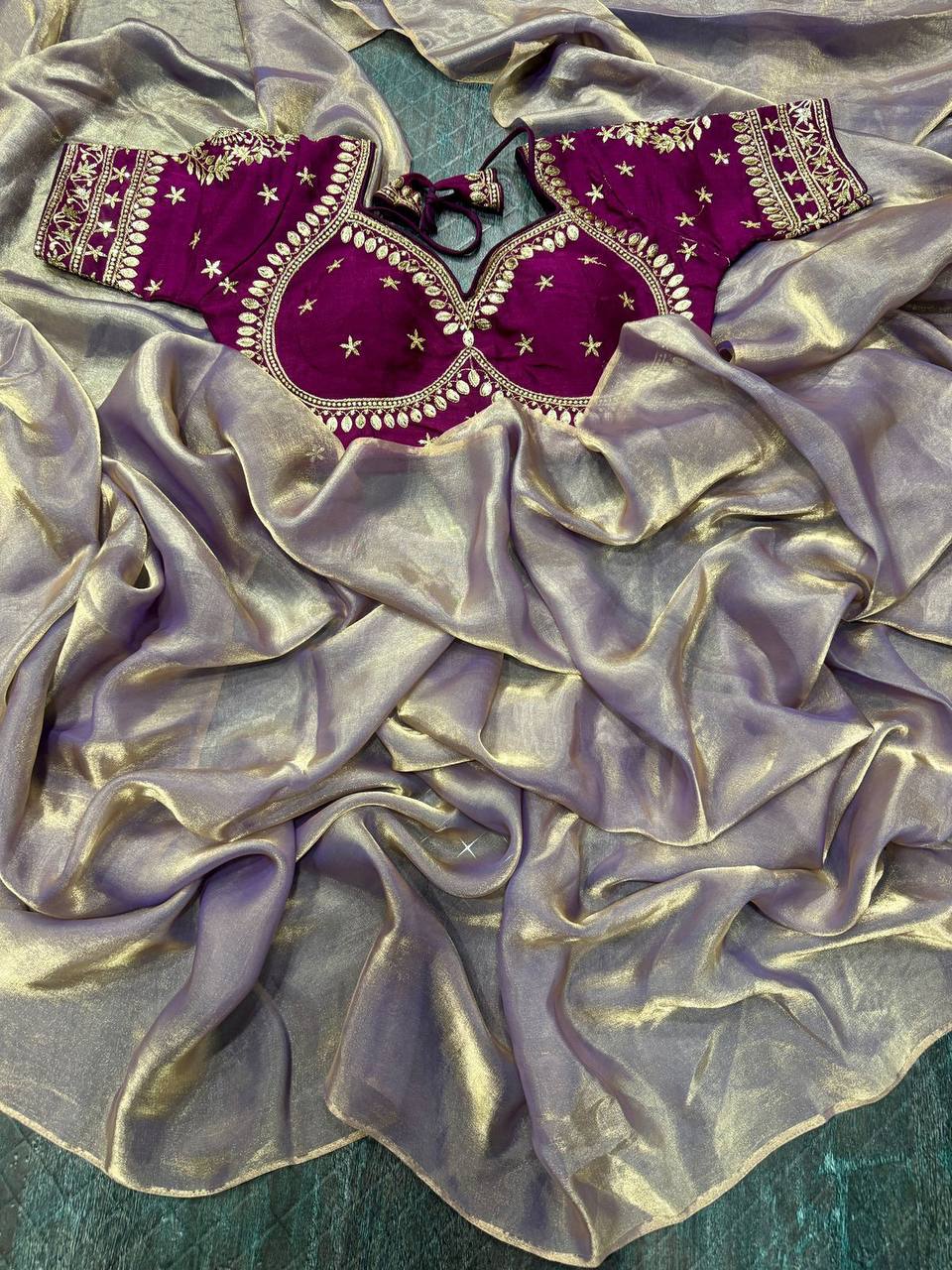 Space Silk Saree With Sabyasanchi Desifgner Embroidery Stitched Blouse