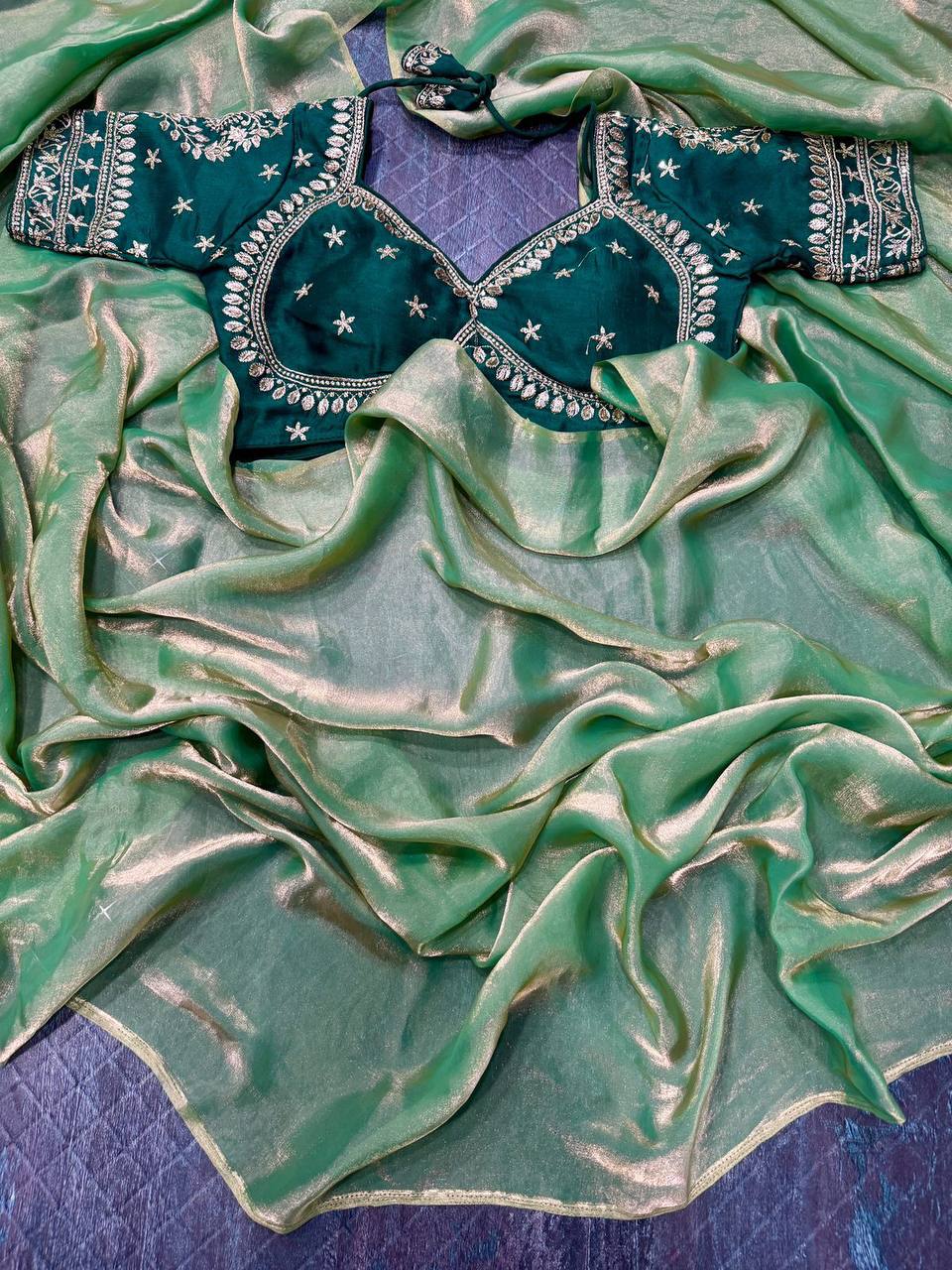 Space Silk Saree With Sabyasanchi Desifgner Embroidery Stitched Blouse