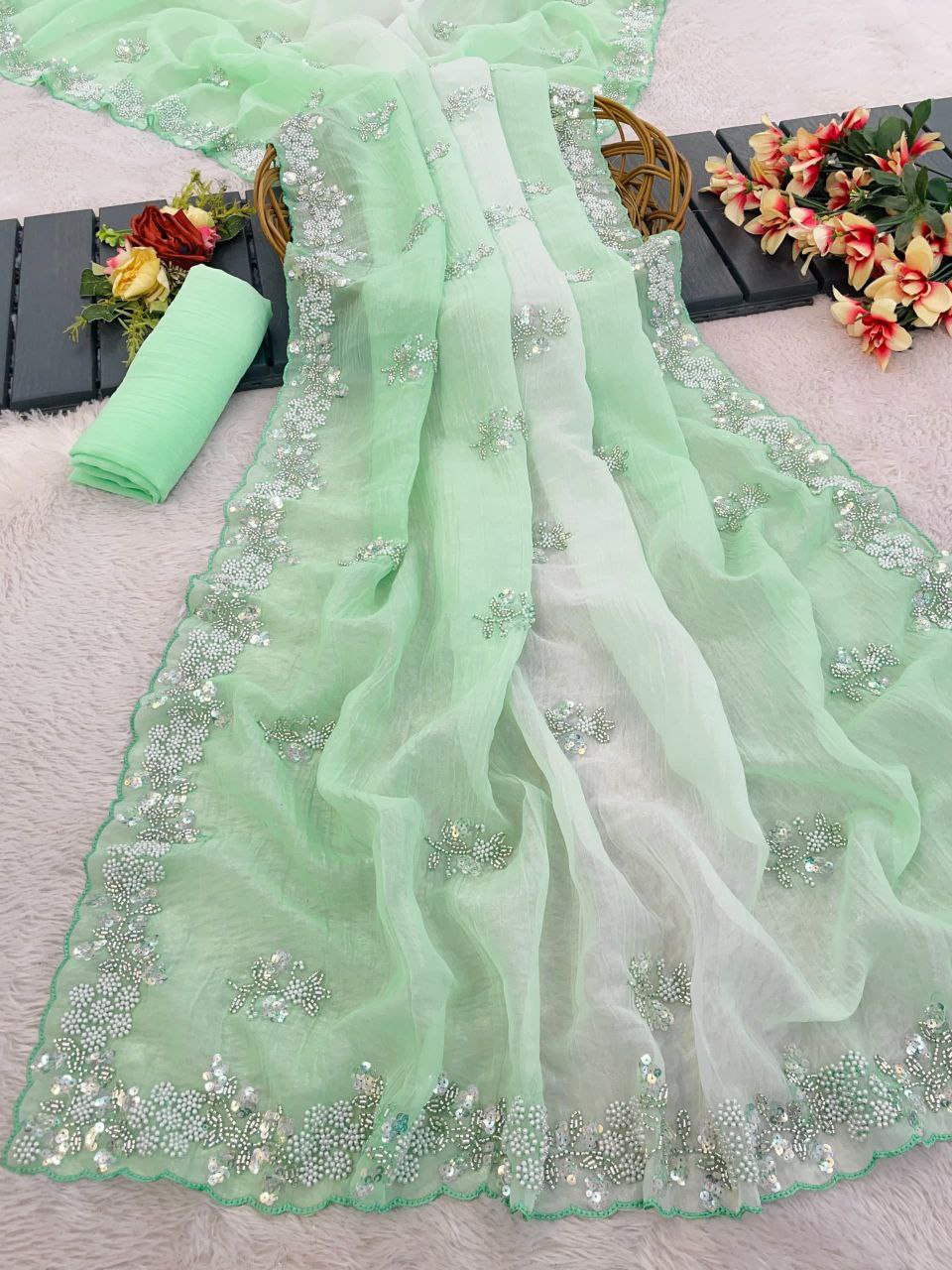 Premium Pixel Crush Saree With Designer Embroidery Blouse Party Wear