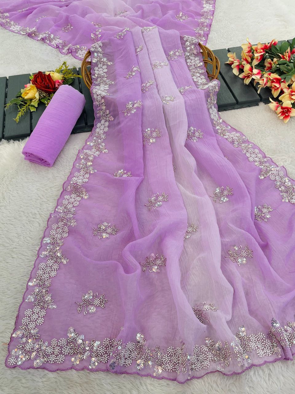 Premium Pixel Crush Saree With Designer Embroidery Blouse Party Wear
