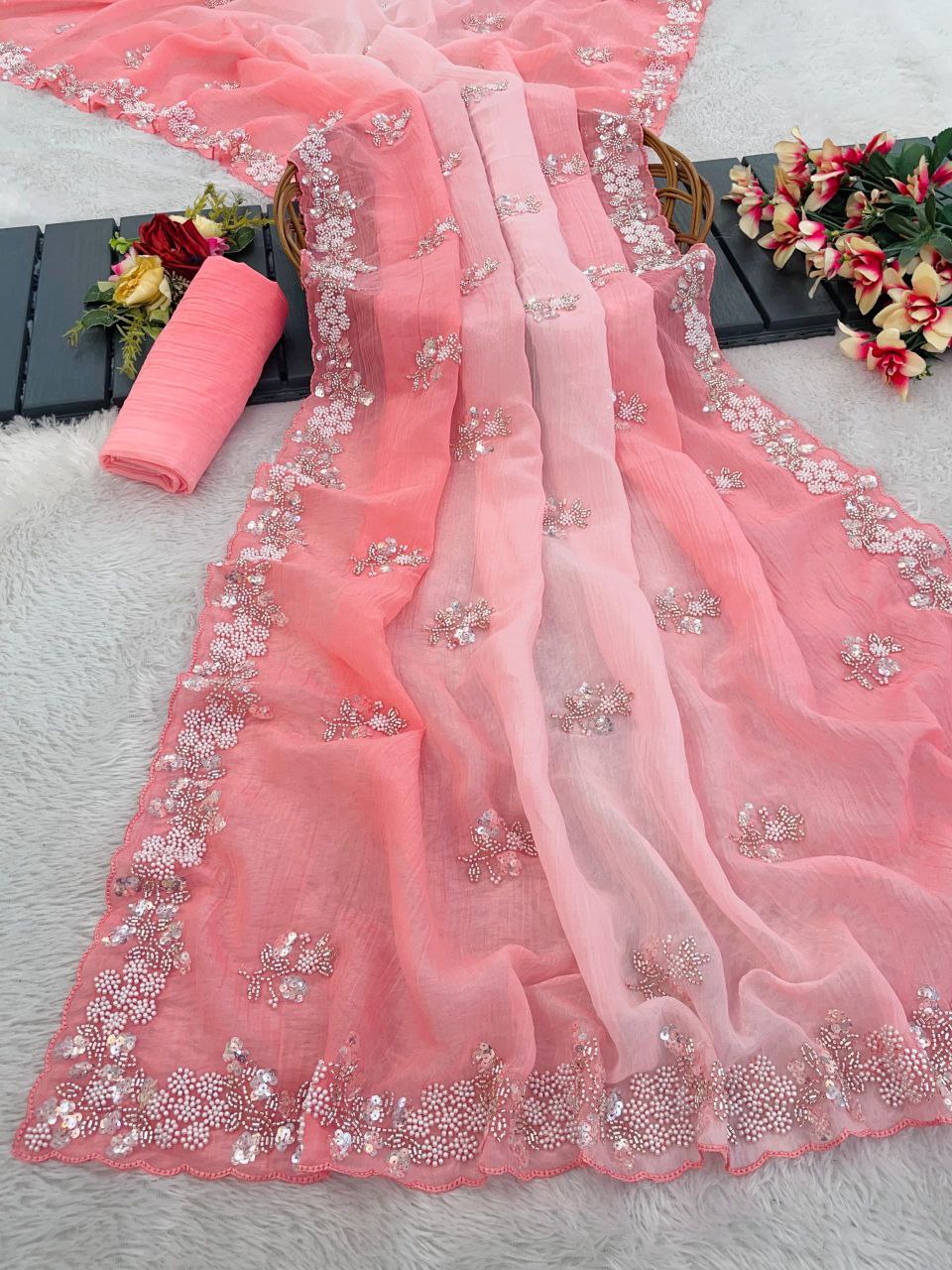 Premium Pixel Crush Saree With Designer Embroidery Blouse Party Wear