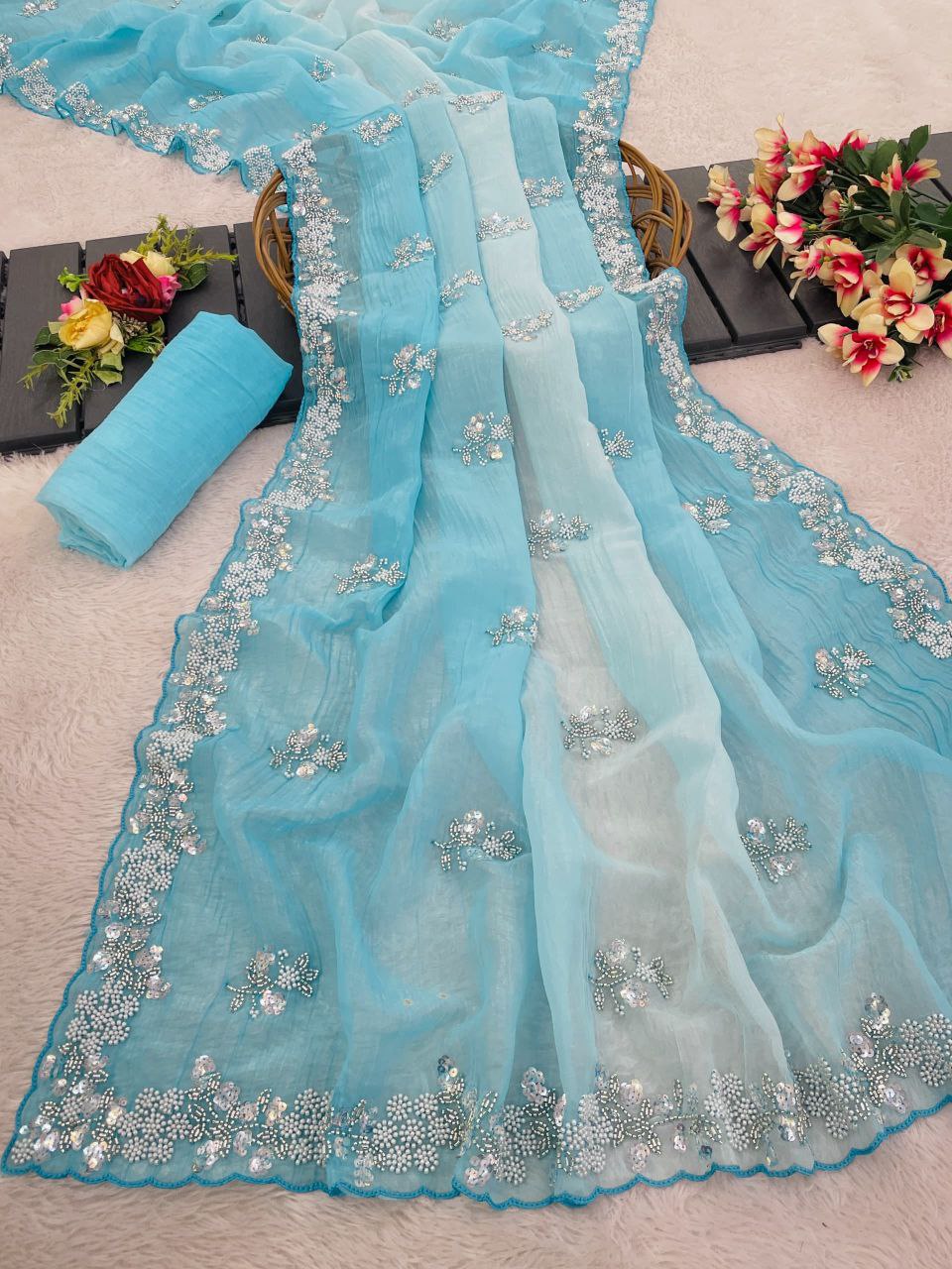 Premium Pixel Crush Saree With Designer Embroidery Blouse Party Wear