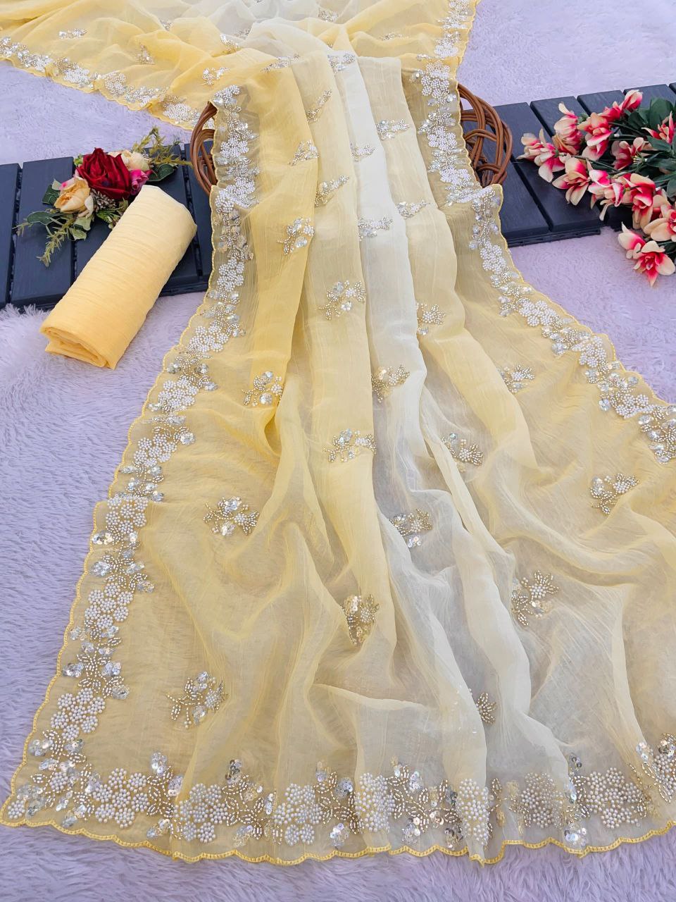 Premium Pixel Crush Saree With Designer Embroidery Blouse Party Wear