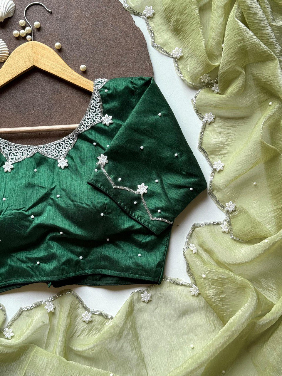 Pure Aamras Silk Pista Green Beautiful Handwork Saree With Banglori Silk Ustitched&nbsp;Blouse