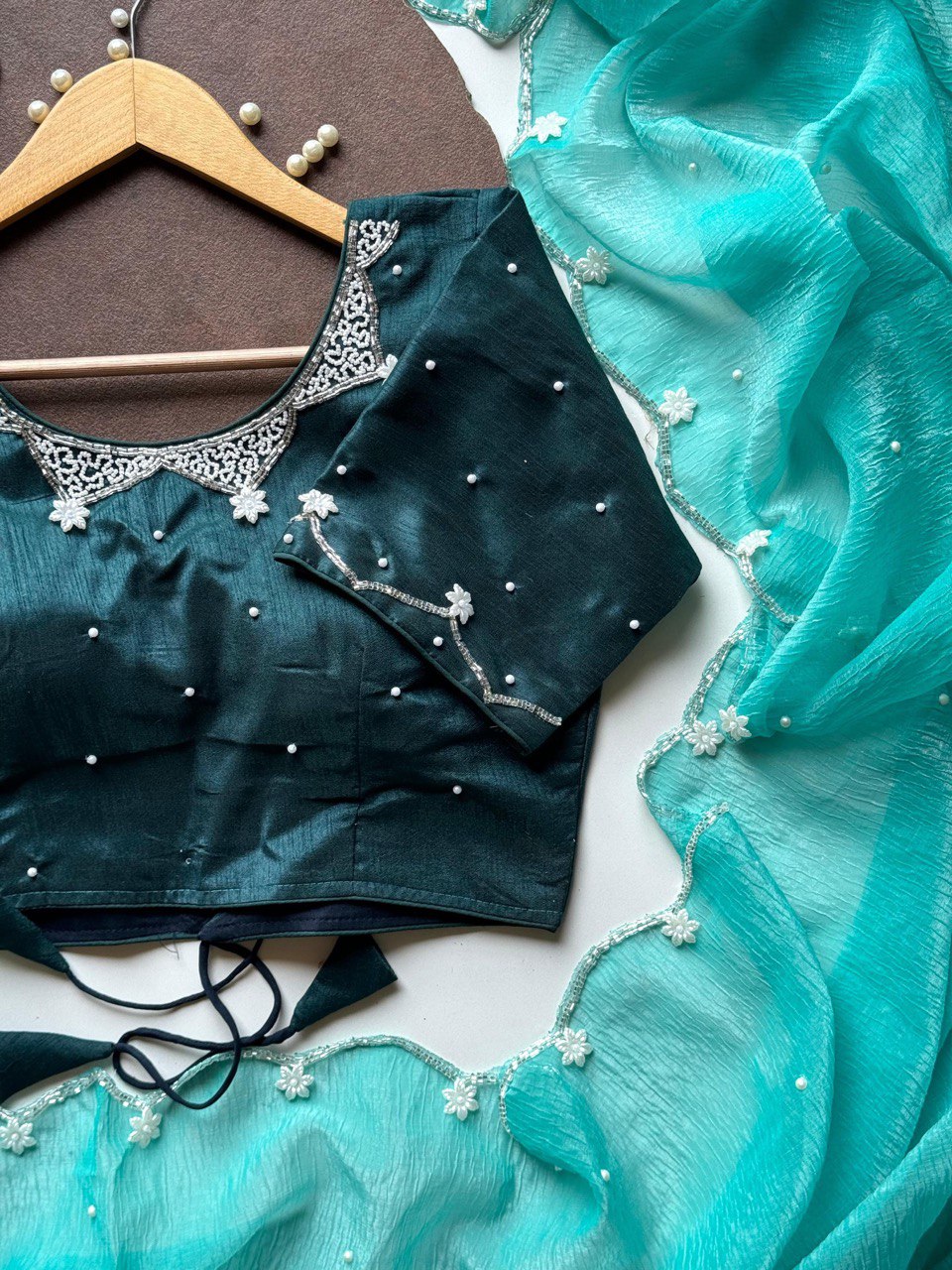 Pure Aamras Silk Sky Blue Beautiful Handwork Saree With Banglori Silk Ustitched&nbsp;Blouse