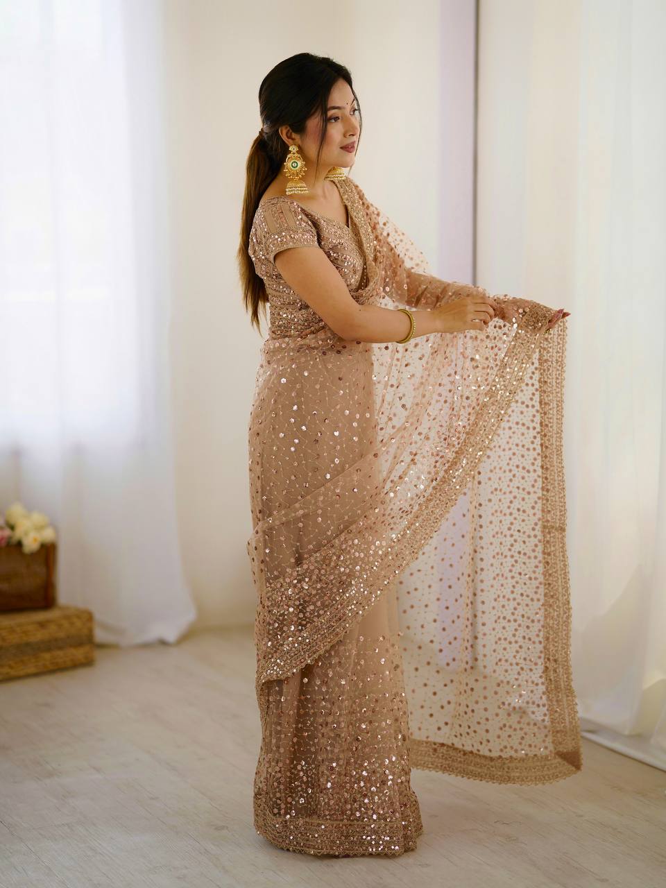 Best Party Wear Net Fabric With Dori Work Saree In Brown Color