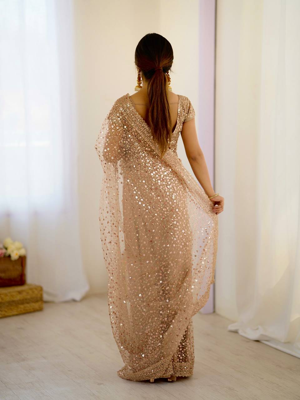 Best Party Wear Net Fabric With Dori Work Saree In Brown Color