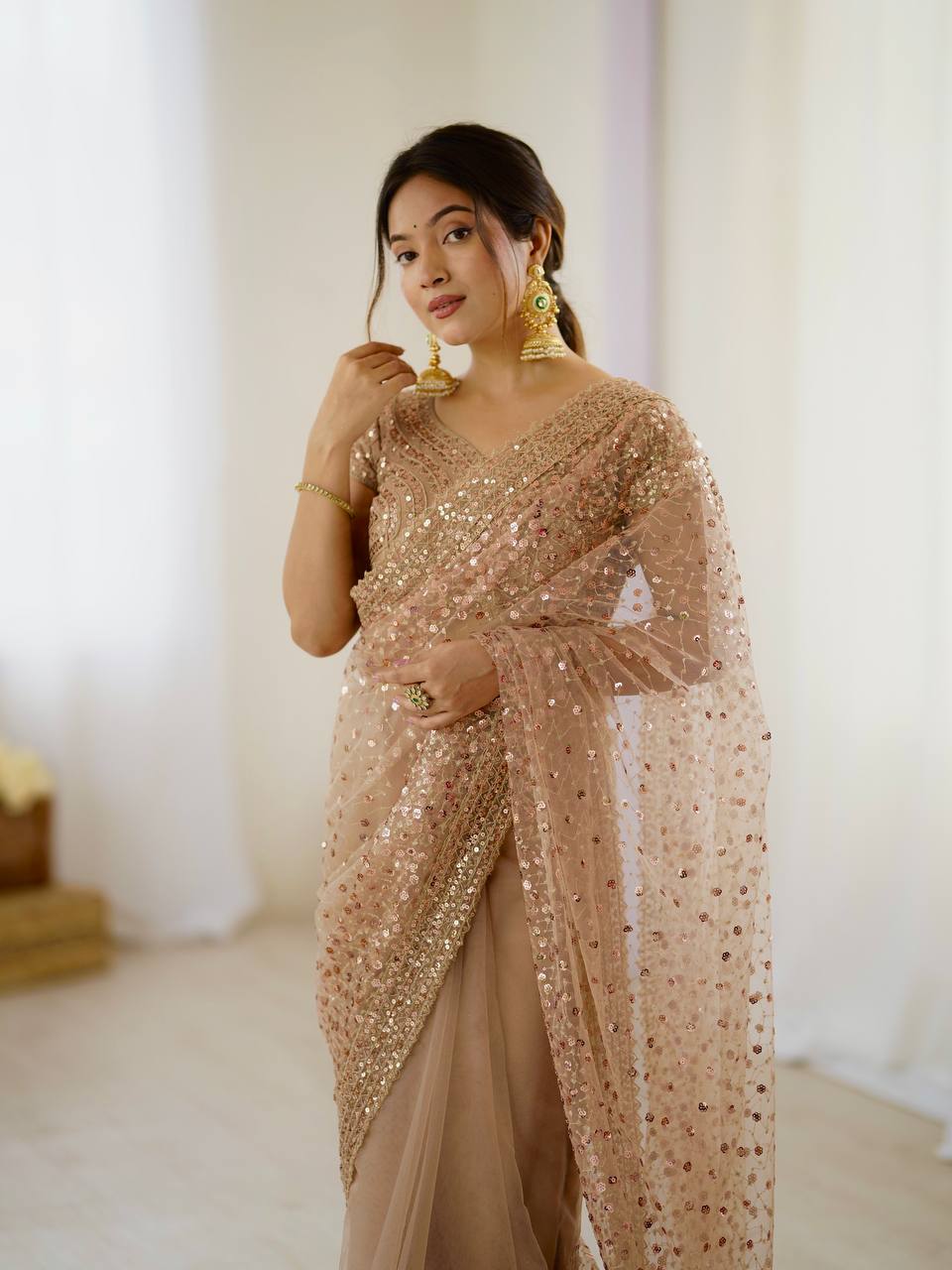 Best Party Wear Net Fabric With Dori Work Saree In Brown Color
