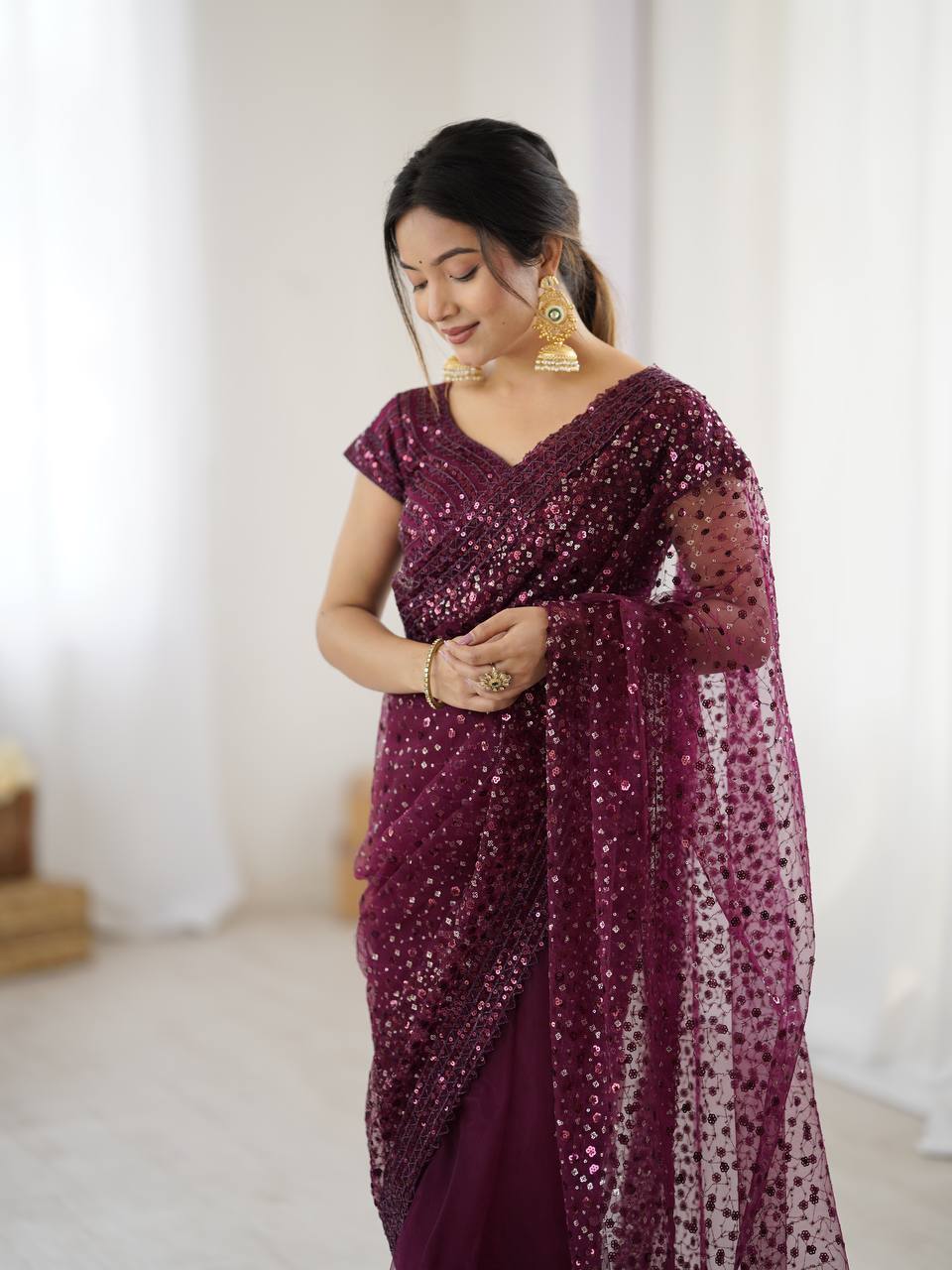 Best Party Wear Net Fabric With Dori Work Saree In Brown Color