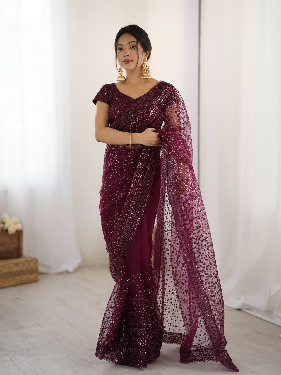 Best Party Wear Net Fabric With Dori Work Saree In Brown Color