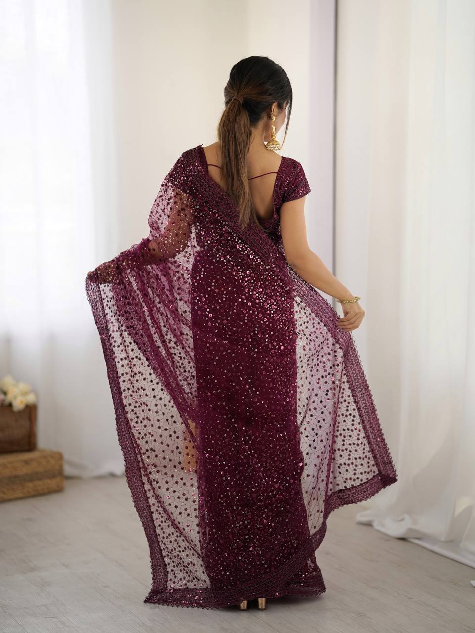 Best Party Wear Net Fabric With Dori Work Saree In Brown Color