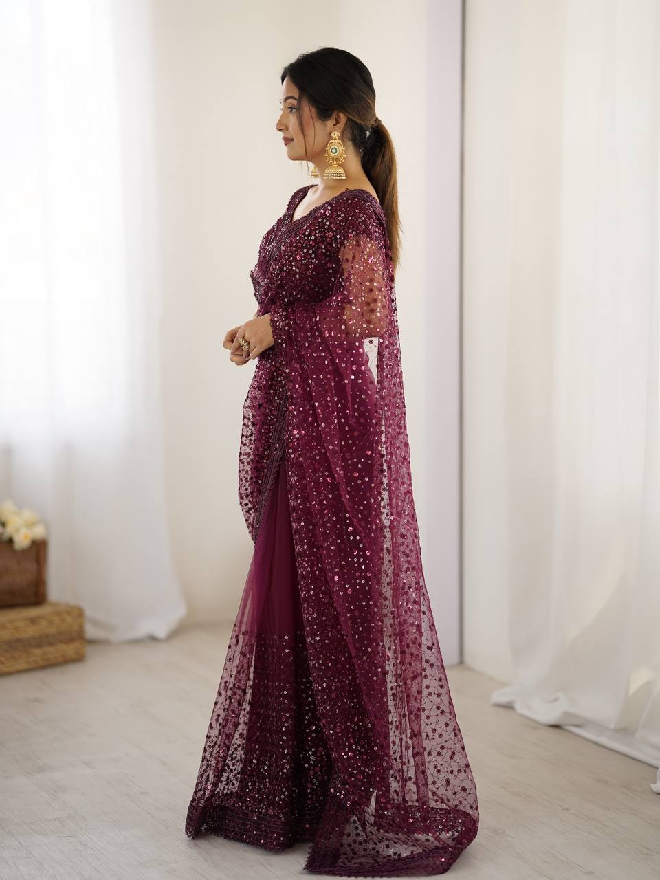 Best Party Wear Net Fabric With Dori Work Saree In Brown Color