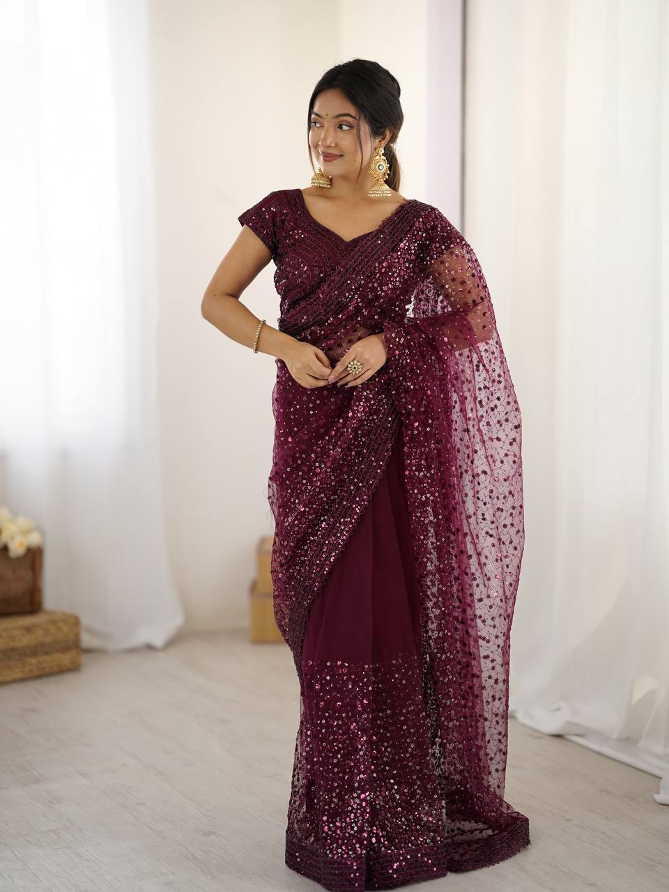 Best Party Wear Net Fabric With Dori Work Saree In Brown Color