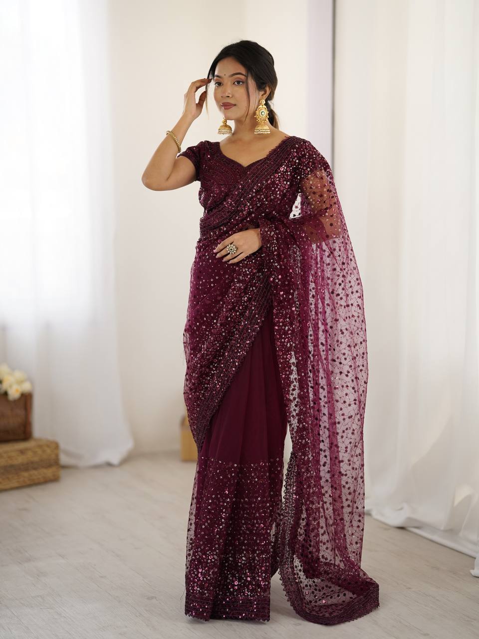 Best Party Wear Net Fabric With Dori Work Saree In Brown Color
