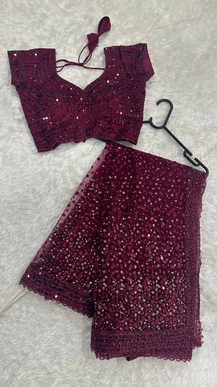 Best Party Wear Net Fabric With Dori Work Saree In Brown Color