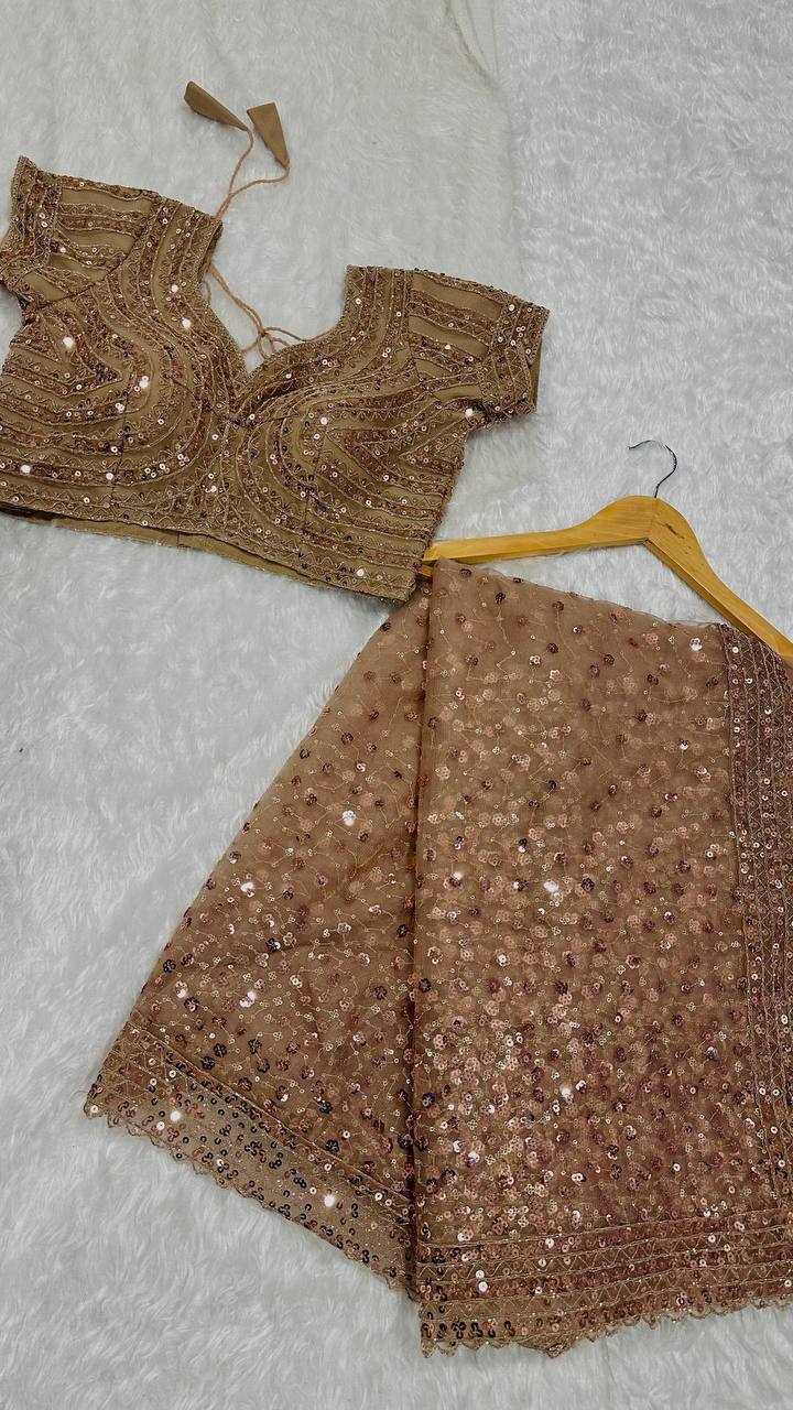 Best Party Wear Net Fabric With Dori Work Saree In Brown Color