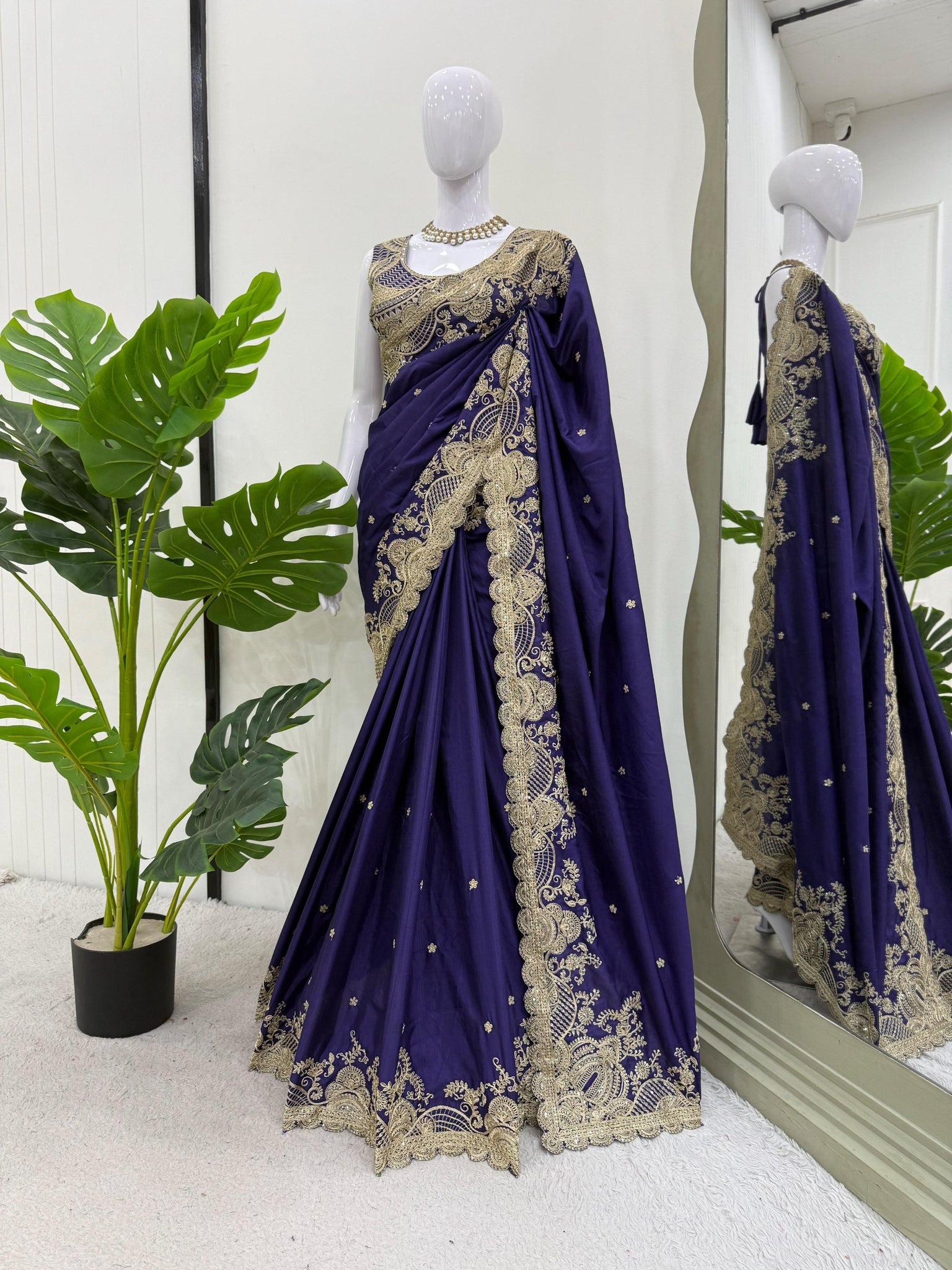 Navy Color Rangoli Silk Saree With Sequnce work UnStitched Blouse