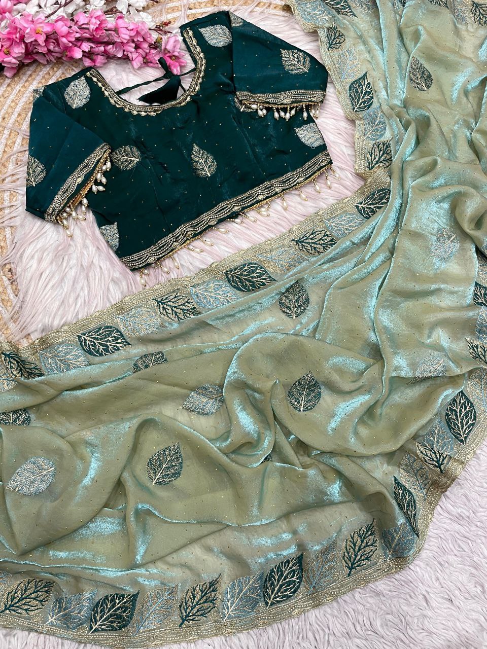 C -pallu multi Saree With embroidery work with Sequence Butti Work