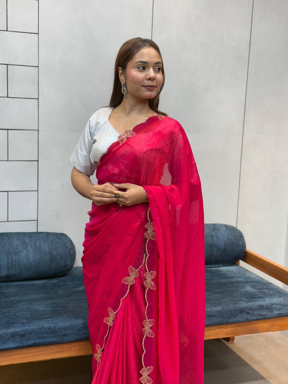 Rich Space Silk And Shine saree with Rich Diamond Work ButterFly  Work saree
